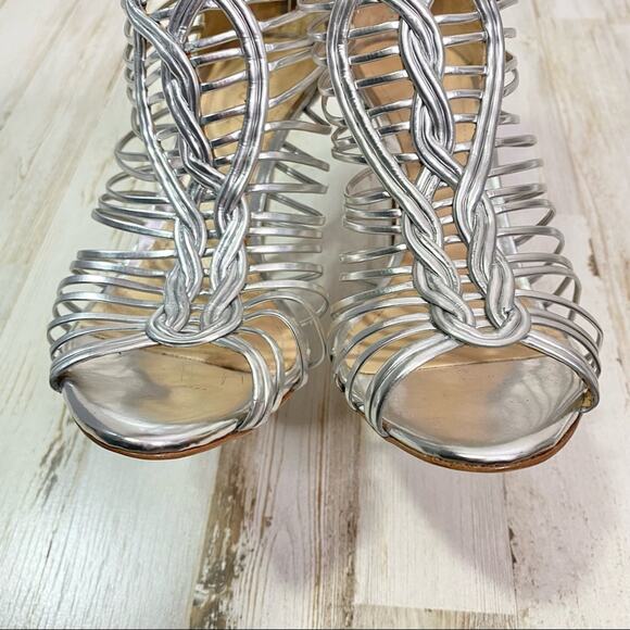 Schutz Margaery Metallic Strappy Sandal Womens Size 6B Silver Stiletto Caged - Picture 9 of 14